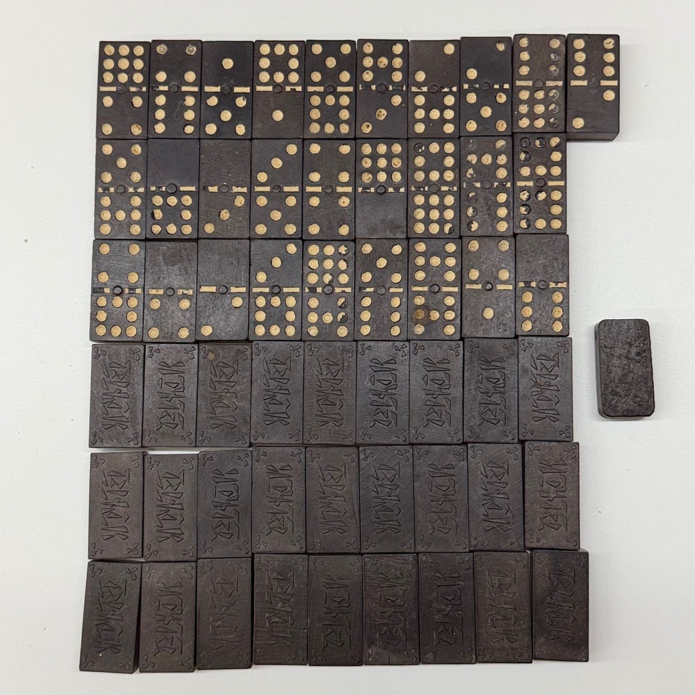 Antique Ebony Wood Double Nine Dominoes  55 Pieces Plus Spare Carved Black Back